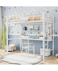 gaomon Twin Metal Loft Bed with Large Desk Storage Shelves Ladder Safety Guardrail Steel Slats Space-Saving