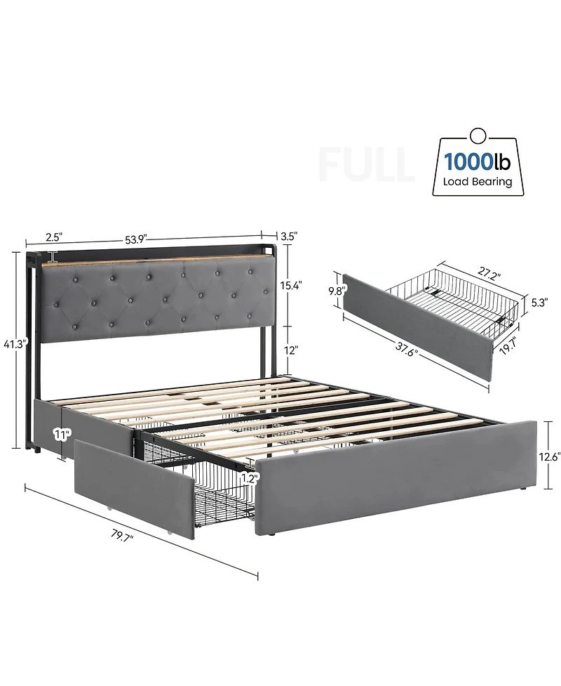 gaomon Upholstered Platform Bed Frame Storage Headboard 4 Drawers Charging Station No Box Spring Noise-Free Easy Assembly