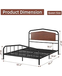 gaomon Industrial Metal Platform Bed Frame Wooden Headboard Noise-Free Under-Bed Storage No Box Spring Wrought Iron Frame