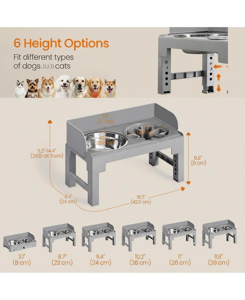Aronkl Dog Elevated Stand with Slow Feeder & 2 Stainless Steel Bowls Adjustable Height Tilted Design