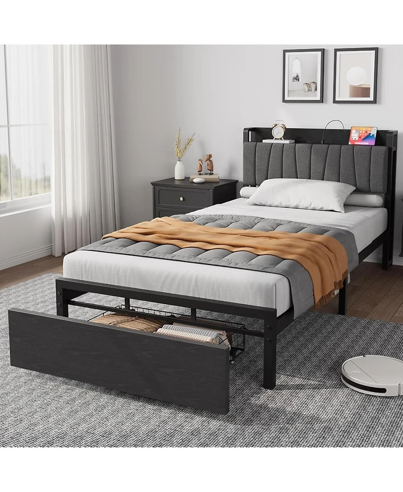 gaomon Loft Bed with Large Desk and 2-Tier Storage Shelves, Heavy Duty Metal Loft Bed with Ladder and Guardrail for Kids and Adults