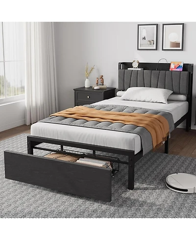 gaomon Loft Bed with Large Desk and 2-Tier Storage Shelves, Heavy Duty Metal Loft Bed with Ladder and Guardrail for Kids and Adults