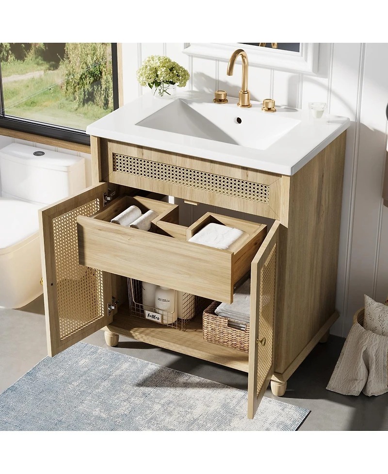 Sillysis Natural Bathroom Vanity with Resin Sink, Freestanding Cabinet with Rattan Doors & Soft Close for Modern Storage
