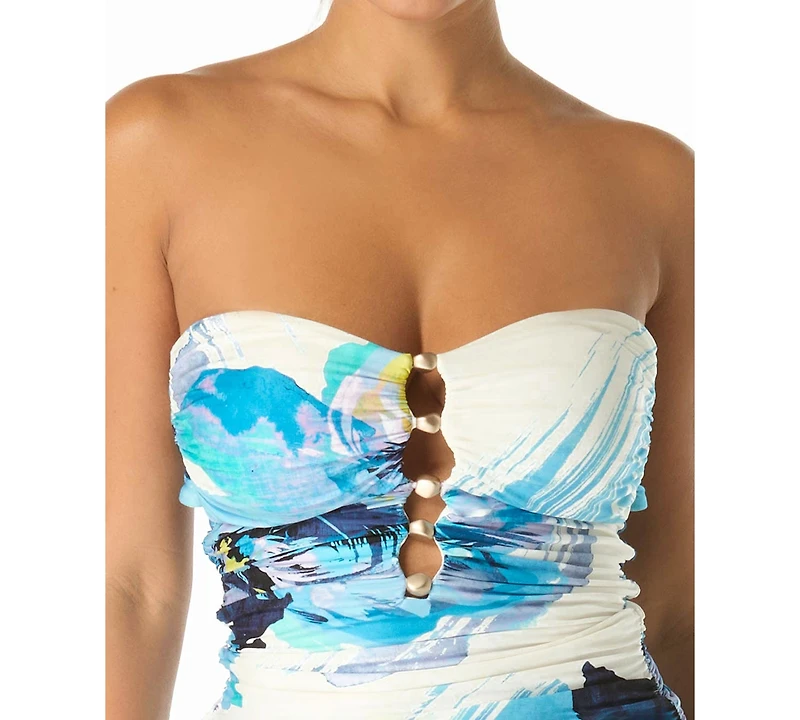 Carmen Marc Valvo Women's Amorphic Bead Trim Bandeau Neck One-Piece Swimsuit