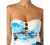 Carmen Marc Valvo Women's Amorphic Bead Trim Bandeau Neck One-Piece Swimsuit