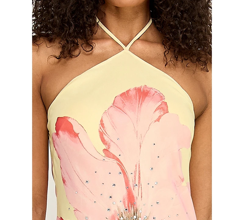 Seni & Cade Women's Large Floral Print Halter Drape Back Dress