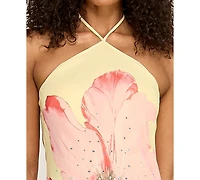 Seni & Cade Women's Large Floral Print Halter Drape Back Dress