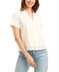 Bcx Women's Mini Floral Eyelet Collared Top