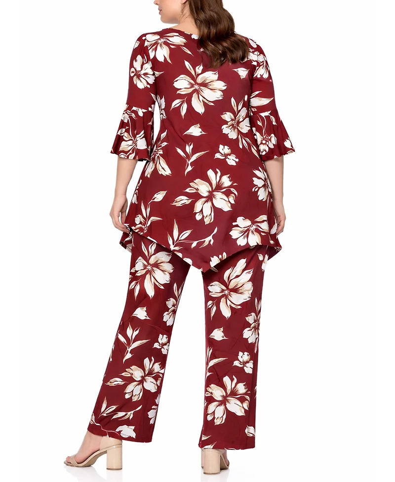 White Mark Plus Floral Tunic Top Wide-Leg Pant Set
