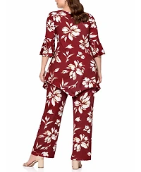 White Mark Plus Floral Tunic Top Wide-Leg Pant Set