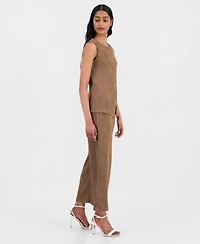Anne Klein Womens Crinkle Knit Sleeveless Button Front Top Crinkle Knit Pull On Wide Leg Pants