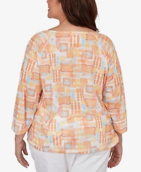 Hearts Of Palm Plus Printed Slub Blouson Top with Three-Quarter-Sleeves