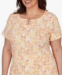 Hearts Of Palm Plus Printed Stretch Jersey Short-Sleeve Bead Neck Top