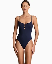 Lauren Ralph Women's Knotted Keyhole Stripe One-Piece Swimsuit