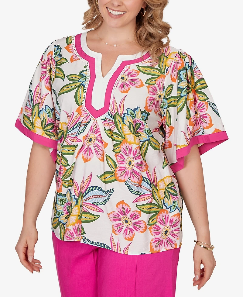 Ruby Rd. Plus Tropical Floral Trim Detail Top