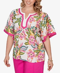 Ruby Rd. Plus Tropical Floral Trim Detail Top