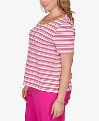 Ruby Rd. Plus Crochet Neck Stripe Knit Top