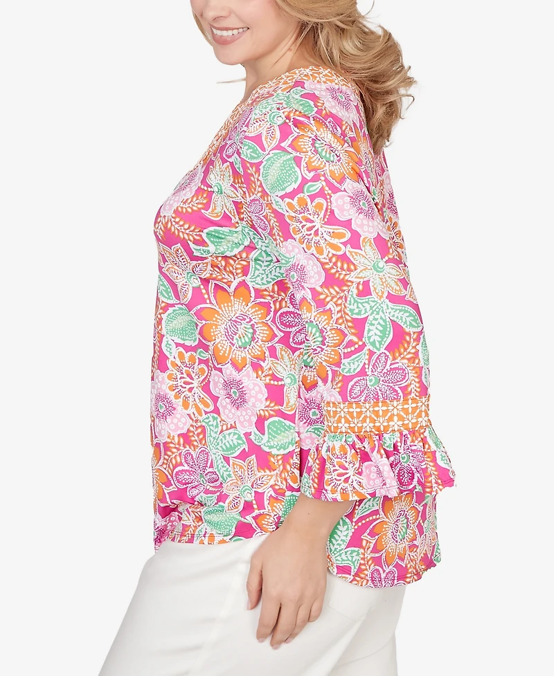 Ruby Rd. Plus Floral Puff Print Ruffle Sleeve Knit Top