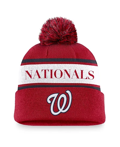 Nike Men's Red Washington Nationals Team Stripe Peak Cuffed Knit Hat with Pom