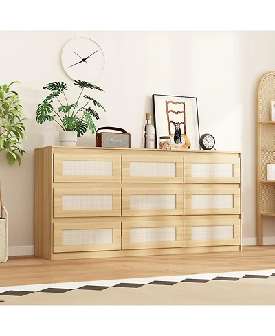 Homsee 9-Drawer Rattan Bedroom Dresser, Modern Chest with Deep Drawers
