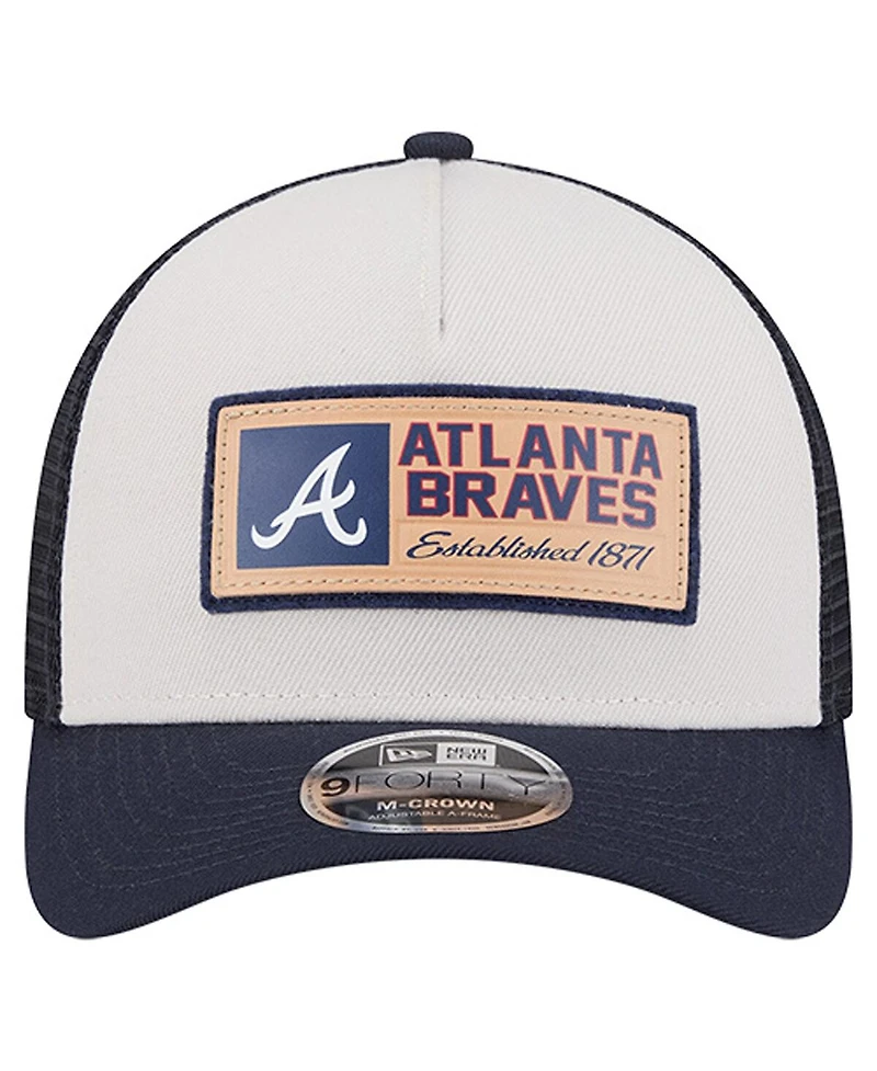 New Era Men's Stone/Navy Atlanta Braves Text A-Frame Trucker 9FORTY Hat
