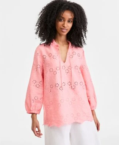 Charter Club Womens 100 Linen Eyelet Embroidered Blouson Sleeve Top Macys Exclusive