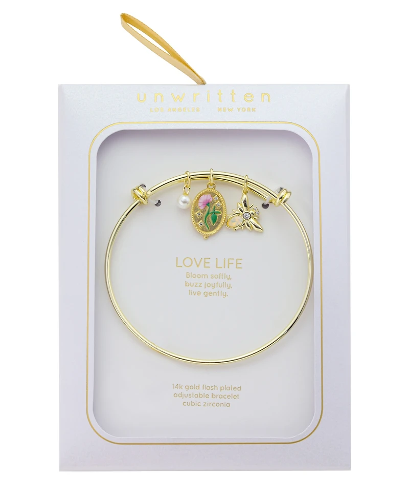 Unwritten Cubic Zirconia and Mother of Pearl Flower and Bee Charm Bangle Bracelet