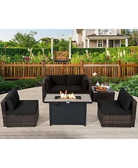Costway 6PCS Patio Furniture Set Rattan Cushioned Sofa Gas Fire Pit Table