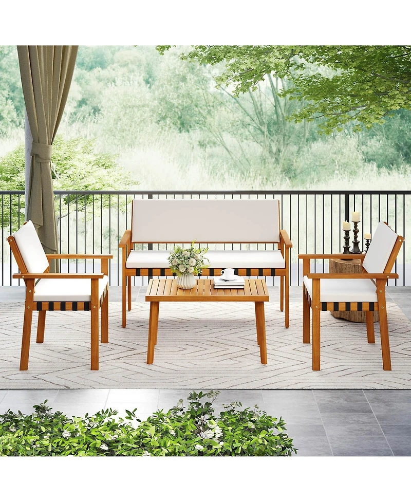 Costway 8 Pcs Wood Furniture Set with Coffee Table Seat Back Cushions for Backyard