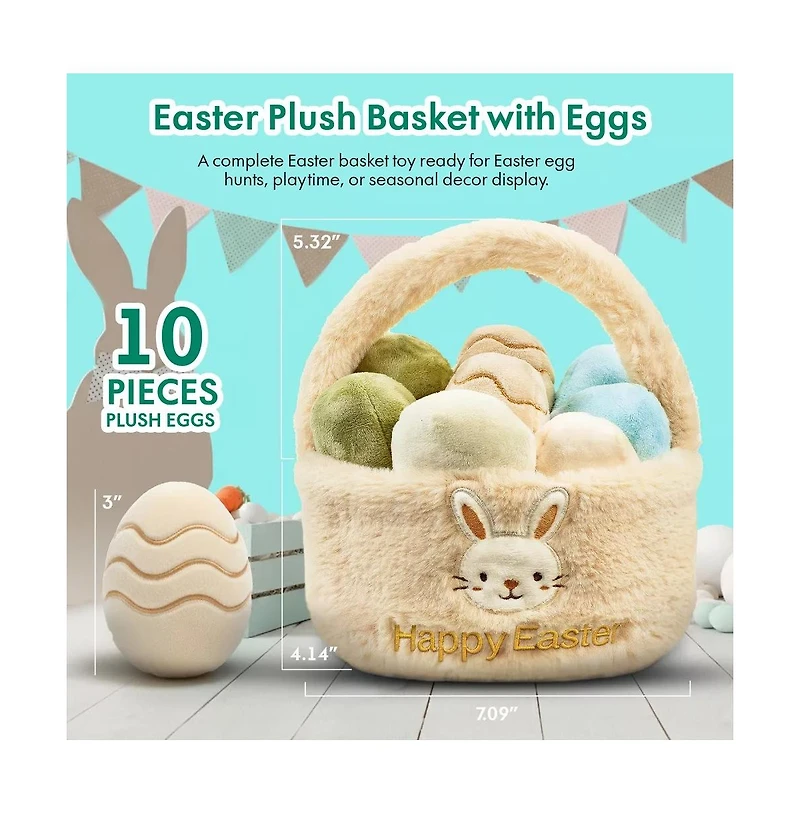 Sperric Easter Egg Plush Basket Toy Set, 9.5" Easter Egg Hunt Basket with Bunny Design, Soft Decorative Easter Plush Toys