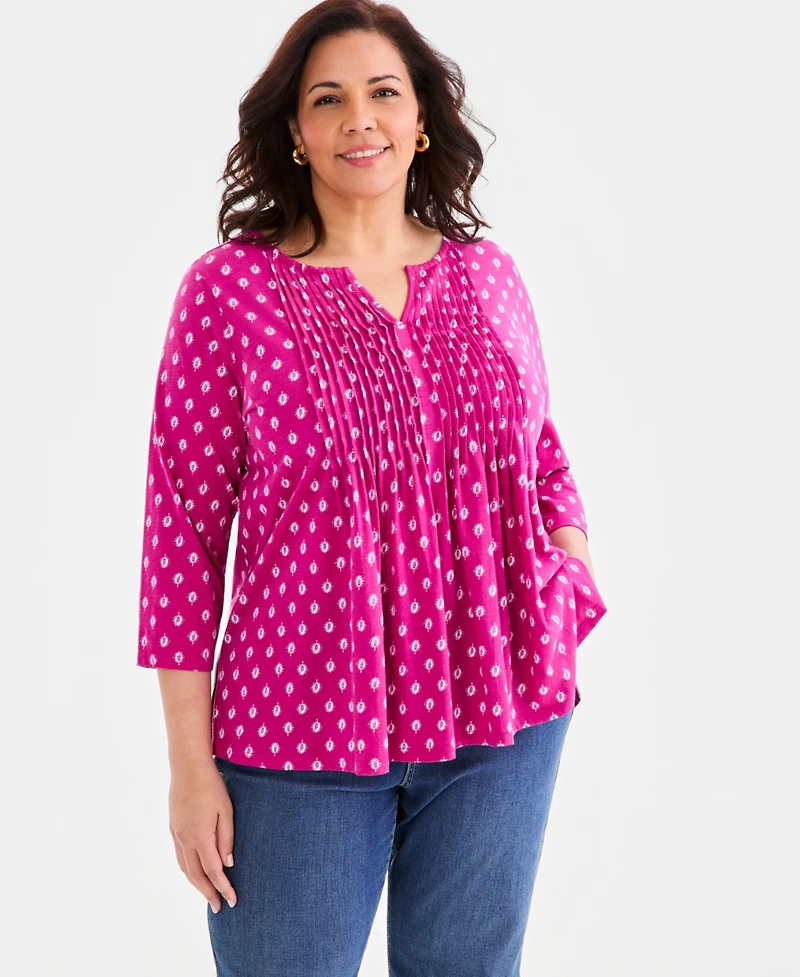 Style & Co Plus Size Printed Pintuck Split-Neck 3/4-Sleeve Top, Macy's Exclusive
