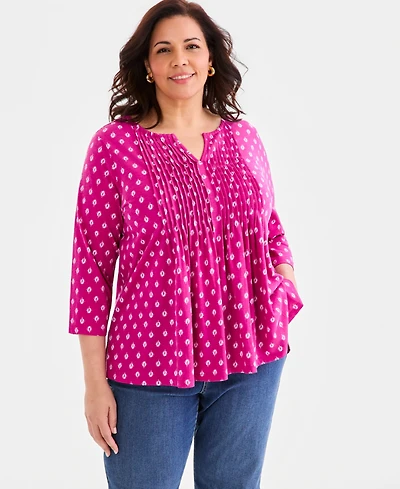 Style & Co Plus Size Printed Pintuck Split-Neck 3/4-Sleeve Top, Macy's Exclusive
