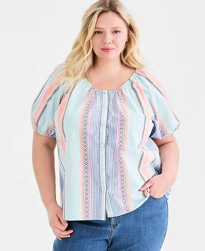 Style & Co Plus Cotton Button-Front Puff-Sleeve Top, Macy's Exclusive