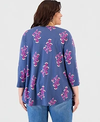 Style & Co Plus Size Printed Pintuck Split-Neck 3/4-Sleeve Top, Macy's Exclusive