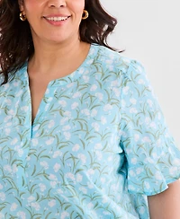 Style & Co Plus Cotton Printed Flutter-Sleeve Top, Macy's Exclusive
