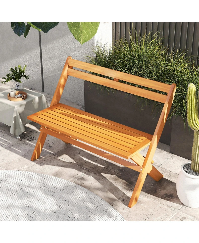 Gymax Foldable Outdoor Bench 2-Person Acacia Wood Patio Garden Bench Outside Loveseat
