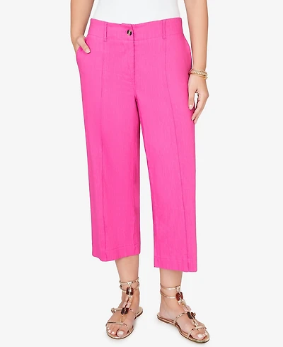Ruby Rd. Petite Stretch Linen Wide-Leg Fly-Front Capri Pants