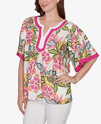 Ruby Rd. Petite Tropical Floral Trim Detail Top