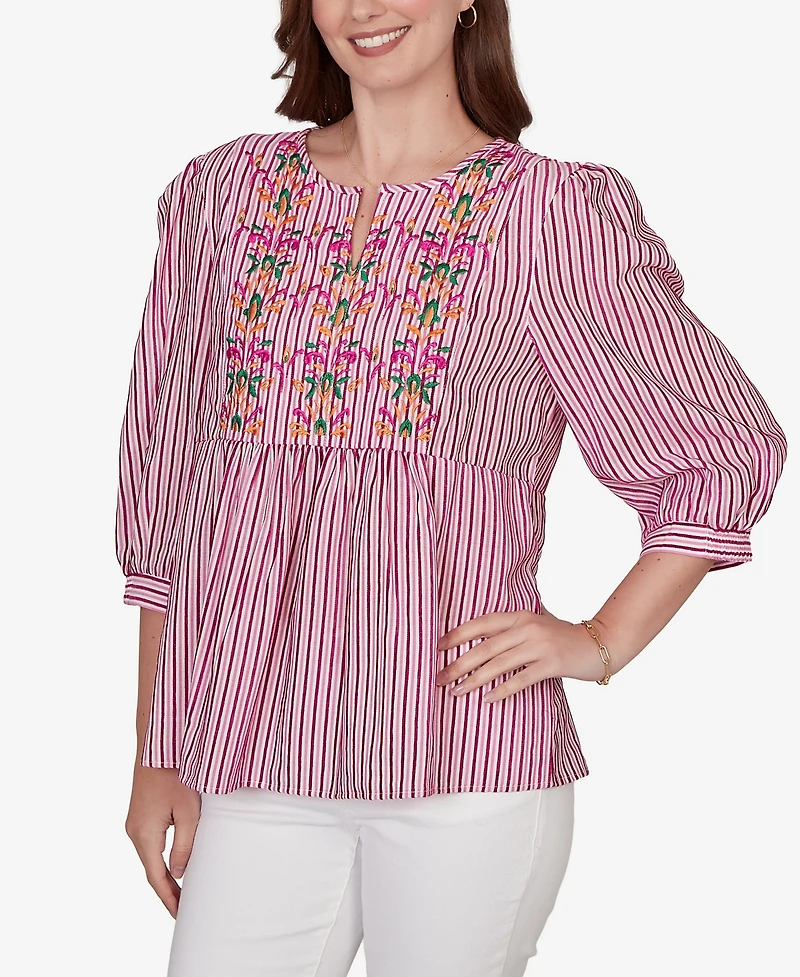 Ruby Rd. Petite Embroidered Placket Stripe Top