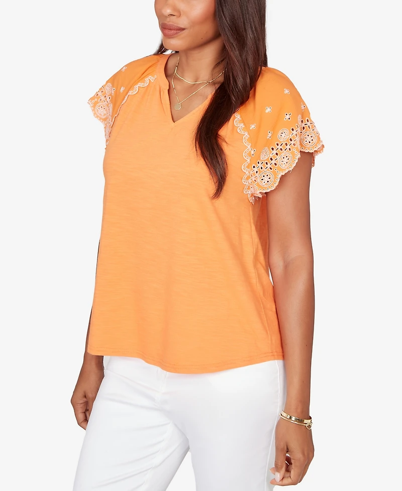 Ruby Rd. Petite Embroidered Sleeve Slub Knit T-shirt