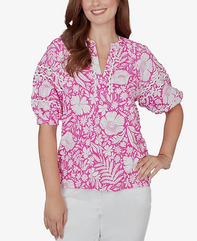 Ruby Rd. Petite Tropical Floral Trim Knit Top