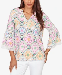 Ruby Rd. Petite Medallion Print Lace Detail Knit Top
