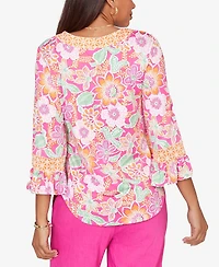 Ruby Rd. Petite Floral Puff Print Ruffle-Sleeve Knit Top