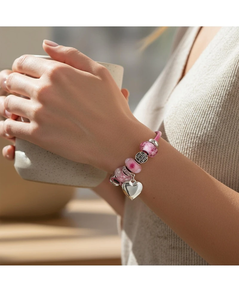 Bling Jewelry Support Breast Cancer Survivor Pink Ribbon Bead Charm Leather Bracelet .925 Silver