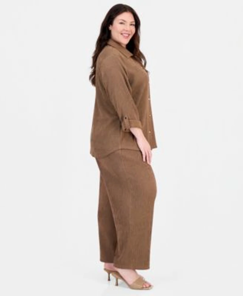 Anne Klein Plus Size Button Front Roll Tab Sleeve Shirt Pull On Wide Leg Pants