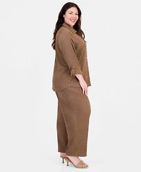 Anne Klein Plus Size Button Front Roll Tab Sleeve Shirt Pull On Wide Leg Pants