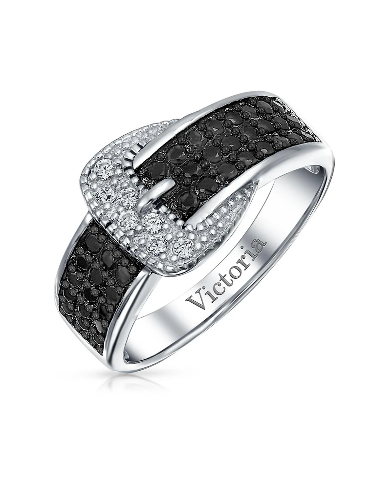 Bling Jewelry Trendy Fashion Pave Cubic Zirconia Black Cz Statement Belt Buckle Band Ring .925 Sterling Silver