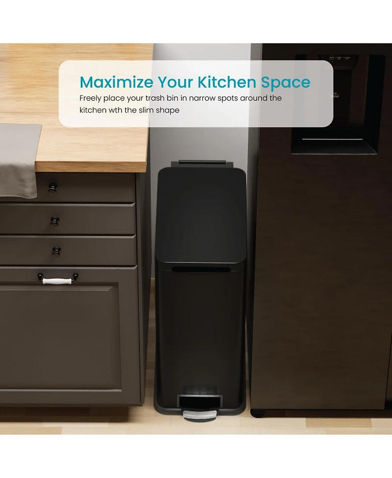 Home Zone Living 8 Gallon Slim Stainless Steel Kitchen Trash Can with Step Pedal and Soft Close Lid