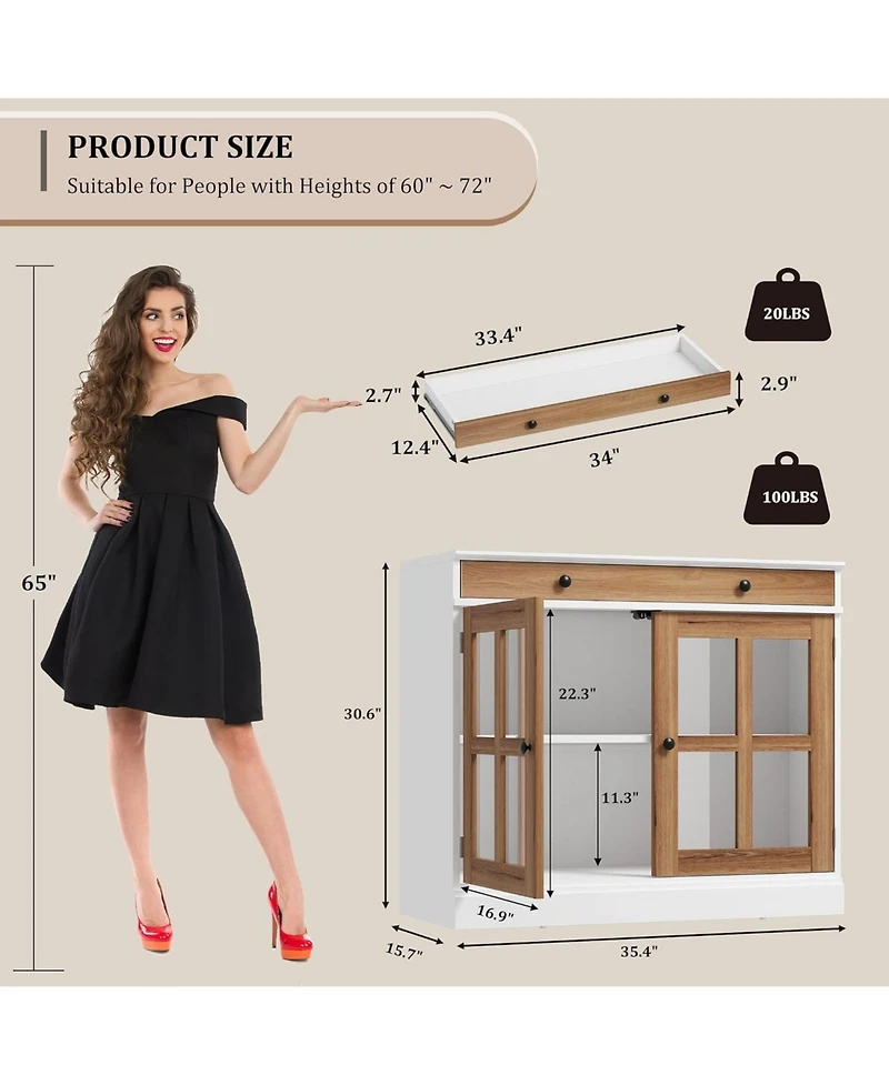 gaomon 35 Point 4 Inch Sideboard Buffet Cabinet with Glass Door and Drawer White Plus Brown Modern Storage for Dining Room Kitchen