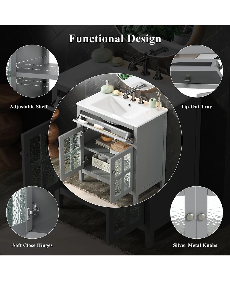 Sillysis 30" Bathroom Vanity with Sink, Modern Solid Wood Cabinet Textured Glass Doors, Flip-Out Tray & Adjustable Shelf